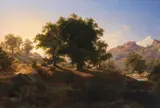 Paul Weber, Weite Gebirgslandschaft im Abendlicht, 1860, Oil on canvas