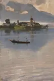 Karl Raupp, Kahnfahrt auf dem Chiemsee vor der Fraueninsel, 1870, Oil on cardboard