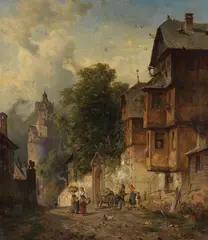 August Eduard Schliecker, Ansicht von Andernach am Rhein mit dem Runden Turm, Oil on canvas