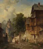August Eduard Schliecker, Ansicht von Andernach am Rhein mit dem Runden Turm, Oil on canvas