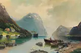 Karl Kaufmann, Norwegische Fjordlandschaft mit Postdampfer und Fischern
