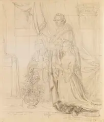 Ludwig Emil Grimm, Werner Freiherr von Haxthausen mit Frau und Tochter (Entwurfszeichnung zu dem Gemälde), 1841, Pencil