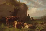Friedrich Voltz, Zugeschrieben - Rastender Hirte mit Hund, Kühen und Schafen., 1850, Oil on panel