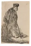 Rembrandt Harmensz van Rijn, Bärtiger Mann im Mantel und mit Pelzmütze gegen einen Erdhügel gelehnt