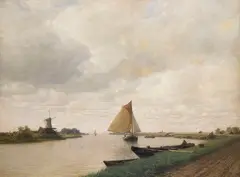Eduard Tenner, Niederrheinlandschaft mit Segelboot und Windmühle, 1895, Oil on canvas