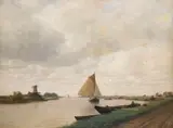 Eduard Tenner, Niederrheinlandschaft mit Segelboot und Windmühle, 1895, Oil on canvas