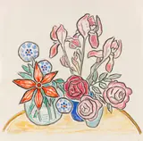 Gabriele Münter, Rote Dahlie, Rosen, Iris, 1958, Tempera