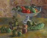 Conrad Felixmüller, Kleines Herbststilleben (Gurken, Birnen, Pfirsiche, Tomaten) mit Meißner Schale