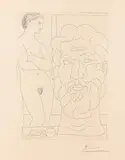Pablo Picasso, Marie-Thérèse regardant un autoportrait sculpté du sculpteur, 1933, Etching on laid paper with watermark "Vollard"