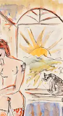 Schwimmer Max, Frauenakt mit Katze vor einem offenen Fenster, 1953, Pen and India ink drawing
