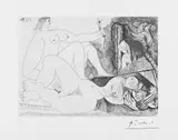 Pablo Picasso, Femmes entre elles, dont une avec une fleur, et tableau drapé, 1971, Etching