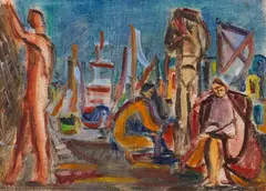 Werner Gilles, 3 Männer am Hafen, 1940, Oil on canvas