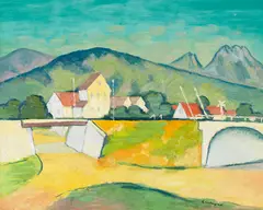 Berthold Hellingrath, Landschaft mit Eisenbahnbrücke, 1930, Oil on paper