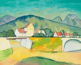 Berthold Hellingrath, Landschaft mit Eisenbahnbrücke, 1930, Oil on paper