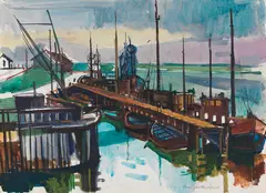 Bruno Müller-Linow, Hafen von Makkum, 1950, Gouache