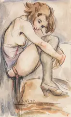 Arnold Schmidt-Niechciol, Auf Stuhllehne hockender weiblicher Akt, 1935, Watercolor