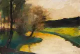 Lesser Ury, Herbstliche Bachlandschaft im Abendlicht (Thüringen), 1904, Pastel