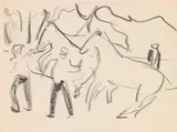 Zwei Dressurpferde im Zirkus by Ernst Ludwig Kirchner, 1909, Chalk drawing, sold Jun 2012
