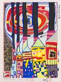 Schneckenhäuser mit schwarzem Rauch by Friedensreich Hundertwasser, 1996, Woodcut in colors, sold Apr 2012