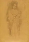 Gustav Klimt, Weibliche Gestalt in langem Gewand, ein Saiteninstrument spielend