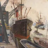 Im Hamburger Hafen "Von der Südsee zurück" by Edward Cucuel, 1921, Oil on canvas, sold Apr 2012