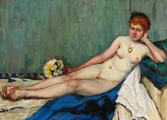 Paul Hoecker, Liegender Akt mit Blumenstrauß, 1900, Oil on canvas