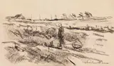 Max Liebermann, Holländische Landschaft mit Frau und Hund, 1890, Chalk drawing