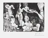Pablo Picasso, Marin rêveur avec deux femmes, couple, spectatrice et sculpture sur un escabeau, 1970, Etching