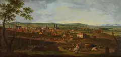Zugeschrieben -  Stadtpanorama in weitem Flusstal (Lothringen?) by Jean-Baptiste Claudot, 1800, Oil on canvas, sold Apr 2012
