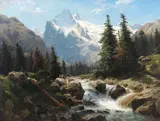 Blick auf das Wetterhorn von der Ortschaft Zweilütschinen aus gesehen by Johannes Bartholomäus Duntze, 1853, Oil on canvas, sold Apr 2012