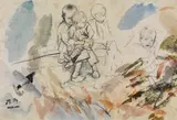 Adolph von Menzel, Drei sitzende Kinder und ein Kinderköpfchen, Aquarellproben
