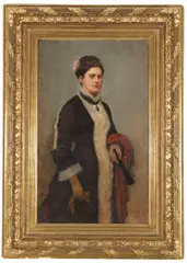 Porträt einer eleganten Dame mit rotem Tuch und Fächer by Louis-Frederic Schützenberger, 1878, Oil on canvas, sold Apr 2012