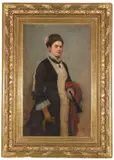 Louis-Frederic Schützenberger, Porträt einer eleganten Dame mit rotem Tuch und Fächer, 1878, Oil on canvas