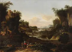 Gerrit Maes, Gebirgige Ideallandschaft mit ziehenden Hirten, 1661, Oil on canvas