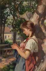 Strickendes Mädchen im Garten by Carl Zewy, 1880, Oil on panel, sold Apr 2012
