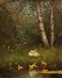 Constant Artz, Entenfamilie an einem Teich, 1900, Oil on panel