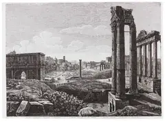 Luigi Rossini, 3 Bll. Ansichten von Rom: Veduta Generale del Foro Romano. Veduta della Colonna Antonina, o sia Piazza Colonna. Veduta del Campidoglio Romano, 1821, Etching