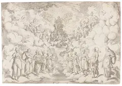 Agostino Carracci, Scenografia teatrale: L'armonia delle Sfere - Bühnenbild: Harmonie der Sphären, 1589, Engraving