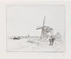 Johan Jongkind, Holländischer Treidelpfad mit Windmühlen, 1862, Etching