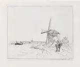 Johan Jongkind, Holländischer Treidelpfad mit Windmühlen, 1862, Etching