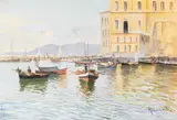 Oscar Riccardi, Italienischer Hafen mit Fischerbooten, 1900, Gouache