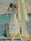 Edward Cucuel, Frau auf dem Steg mit einem Kahn am Ufer des Starnberger See