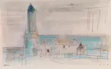 Lyonel Feininger, Ohne Titel (Dorf mit Kirche), 1952, Pastel
