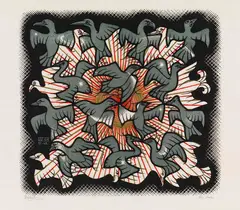 M. C. Escher, Sonne und Mond, 1948, Woodcut in colors