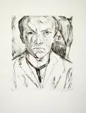 Max Beckmann, Selbstbildnis von vorn, im Hintergrund Hausgiebel, 1918, Drypoint