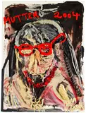 Jonathan Meese, Mutter (gestürzt) mit roter Brille und rötlicher Perlenkette, 2004, Öl auf Leinwand