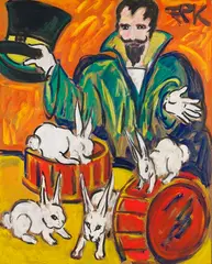 The magic-master presenting the rabbit-family by Felix Samuel Pfefferkorn, 1970, Acrylic on fibreboard, sold Oct 2011