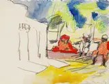Klaus Fußmann, Straßenszene (Indien), 1987, Coloured chalk