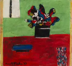 Arnold Fiedler, Schwarze Blumen auf Grün, 1977, Tempera