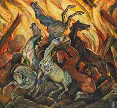 Harold Bengen, Scheuende Pferde vor Flammenmeer, 1920, Oil on canvas
